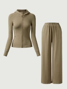 Cozy Athleisure Hooded Jacket & Elastic Waist Tappered Wide Leg Pants 2Pcs Set sold by ogl move
