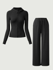Cozy Athleisure Hooded Jacket & Elastic Waist Tappered Wide Leg Pants 2Pcs Set sold by ogl move