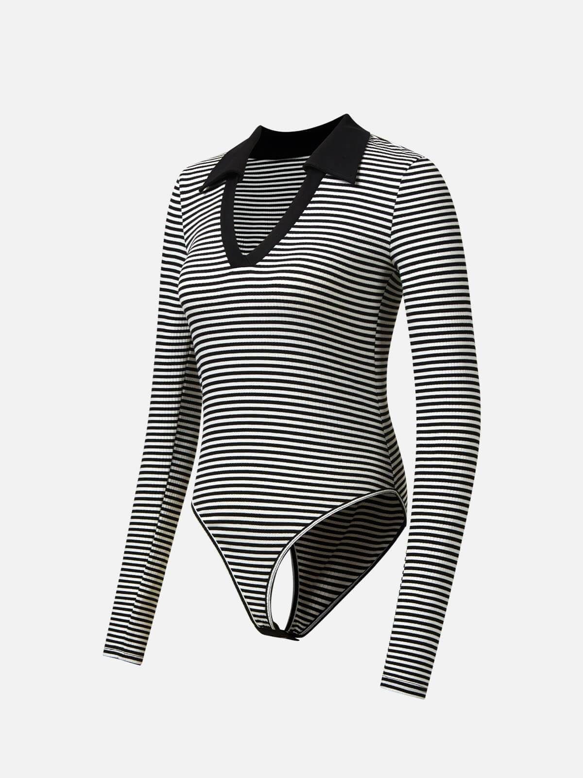 B&W Stripe Polo Collared V-Neck Bodysuit sold by ogl move product image thumbnail 2