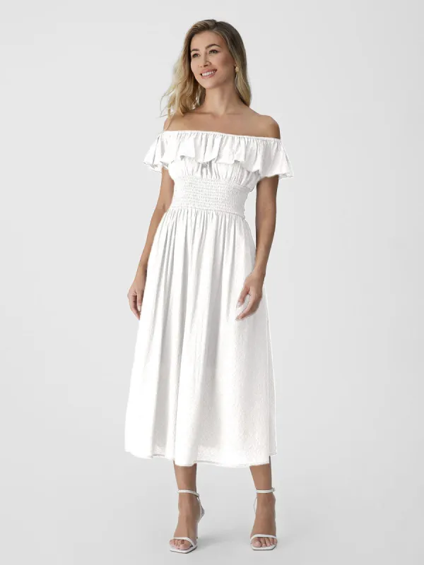 Off-The-Shoulder Ruffle Smocking Midi Dress sold by ogl move
