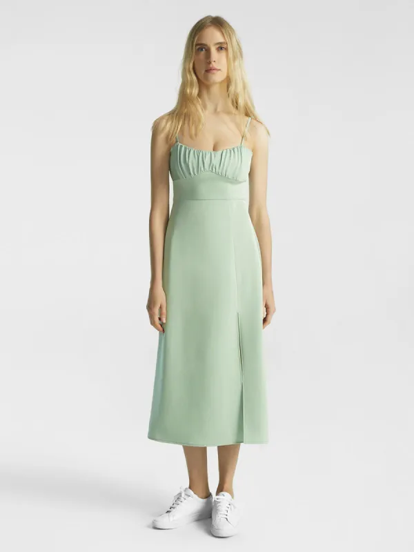 Silk-Like Ruched Bust Split Satin Dress sold by ogl move