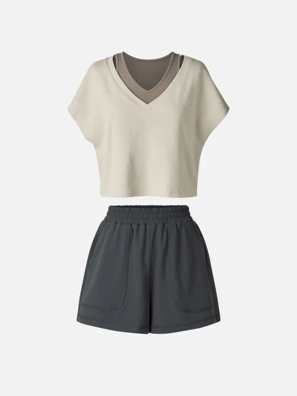 Two-Piece V-Neck Batwing Crop Top & Relaxed Shorts sold by ogl move
