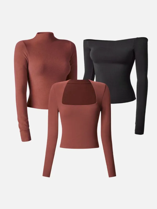 Square Neck Long Sleeve Top&Multi-Wear Body Top&Mock Neck Crop Top-3Pcs Set sold by ogl move