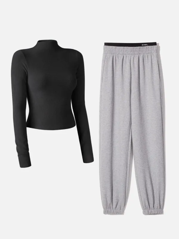 Double Waistband Sweatpants-Classic & Mock Neck Crop Top-2Pcs Set sold by ogl move