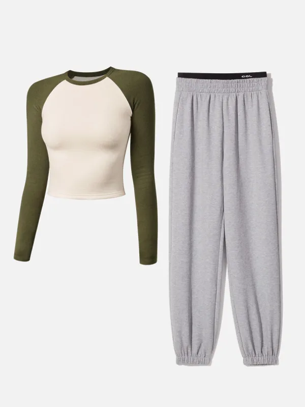 Double Waistband Sweatpants-Classic & Raglan Contrast Sleeve Top-2Pcs Set sold by ogl move