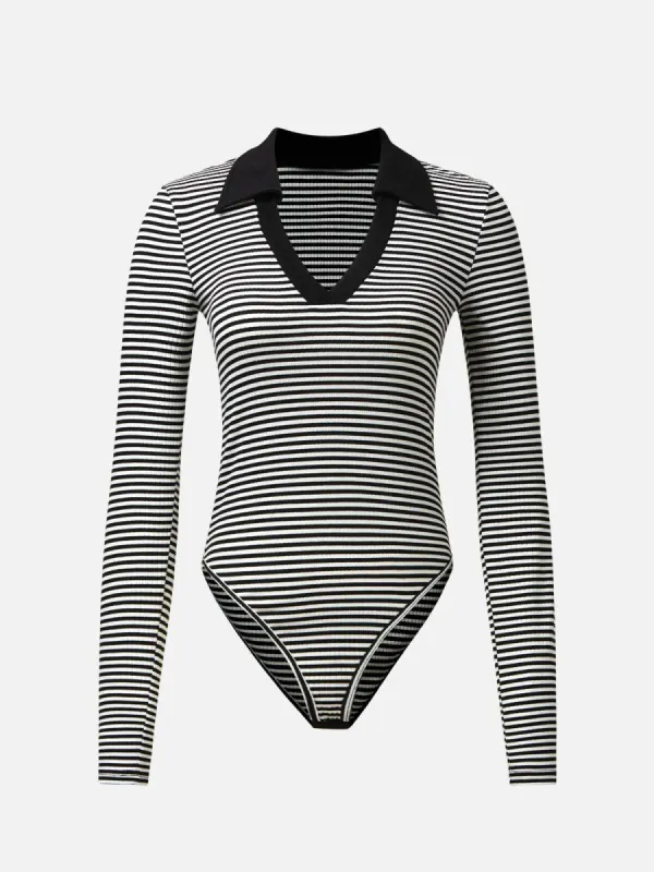 B&W Stripe Polo Collared V-Neck Bodysuit made by OGLmove