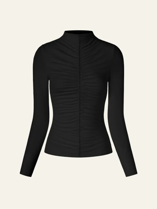 Eco-MiyaMoon® Ruched Front Mockneck Top sold by ogl move
