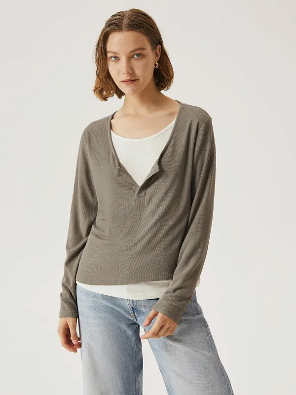 Merino Wool Faux-Two-Piece Henley Top sold by ogl move