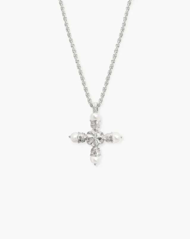 Florence Pearl Cross Necklace in Silver sold by En Route Jewelry