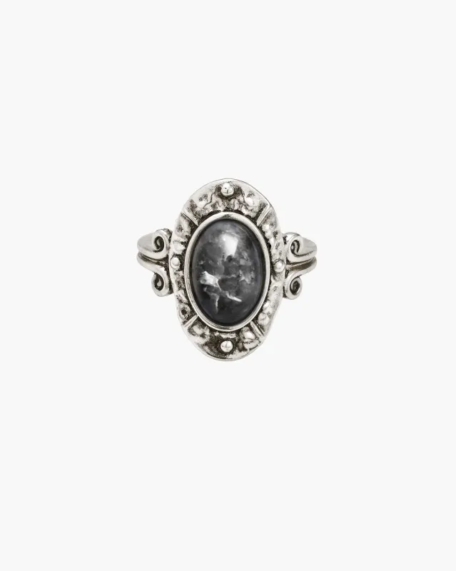 Lunar Veil Moss Agate Ring made by En Route Jewelry