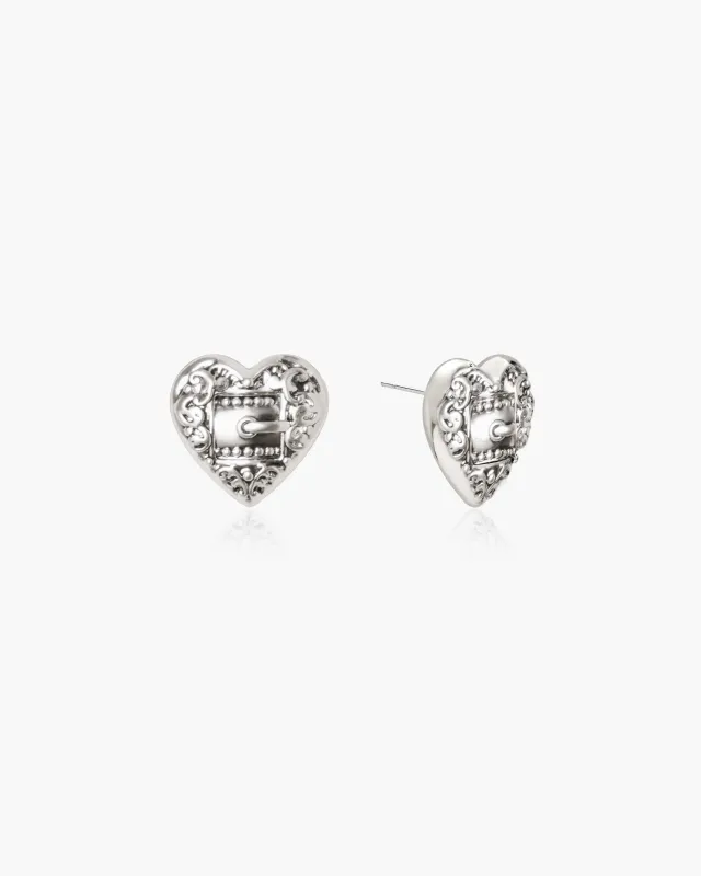 Belted Heart Stud Earrings in Silver made by En Route Jewelry