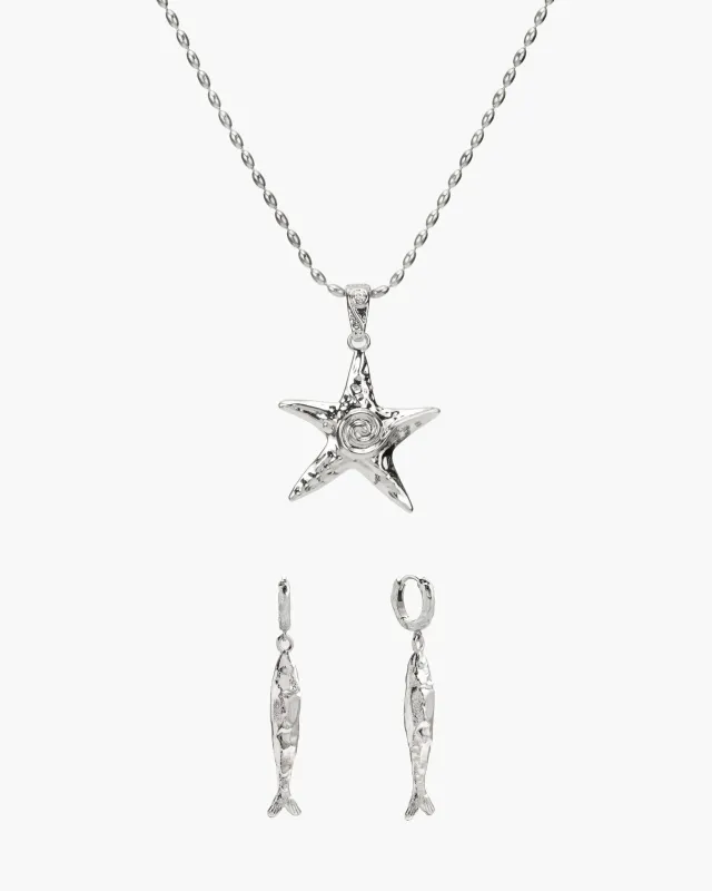 Anchovy Earrings & Starfish Necklace Set in Silver made by En Route Jewelry
