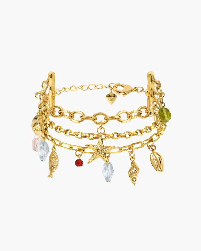 Coral Dancer Multi-charm Bracelet in Gold made by En Route Jewelry