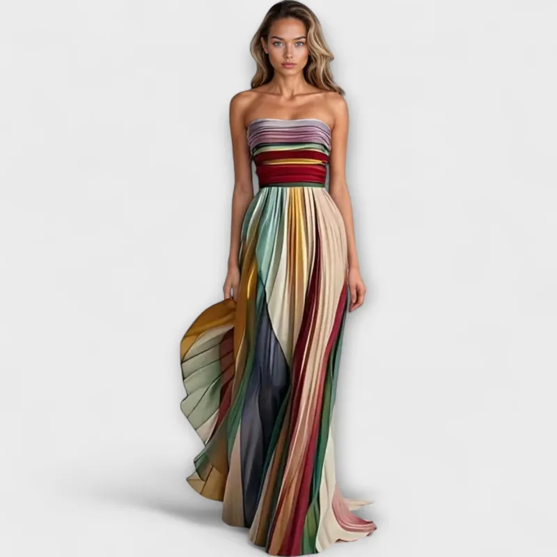 April | Women's Strapless Pleated Rainbow Midi Dress sold by Northstyle Fashion