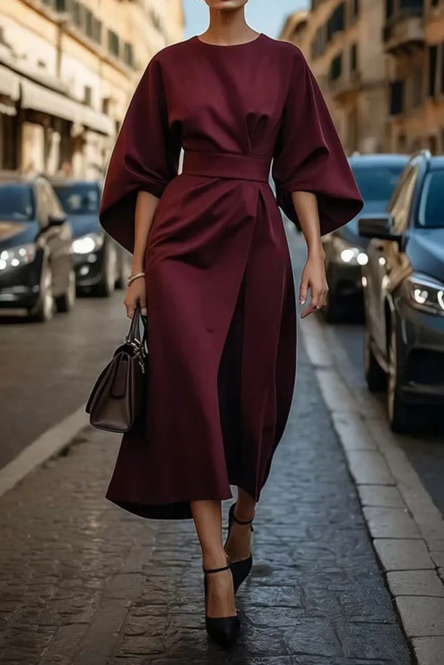 Janine | Women’s Elegant Puffed Sleeve Belted Flowing Dress sold by Northstyle Fashion product image thumbnail 4