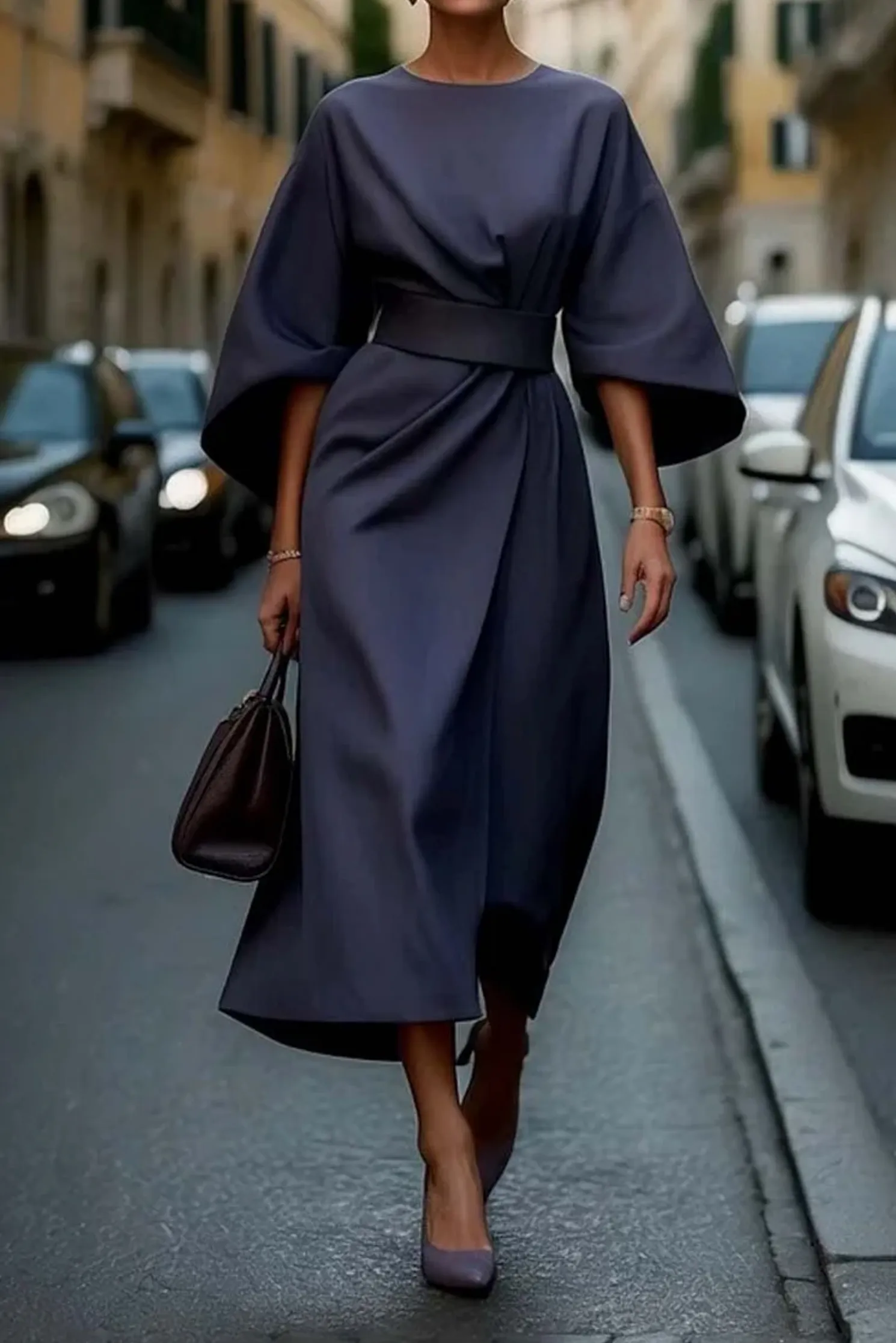 Janine | Women’s Elegant Puffed Sleeve Belted Flowing Dress sold by Northstyle Fashion