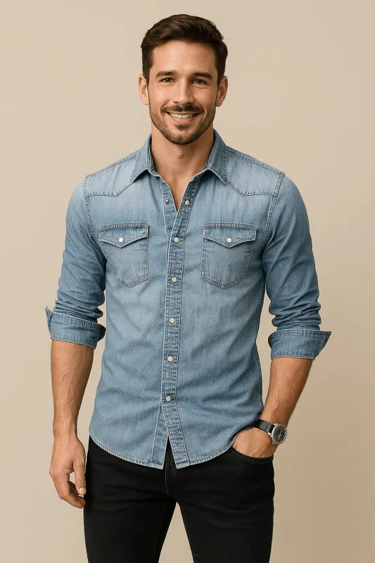 Lewis Men’s Long Sleeve Denim Shirt – Button Closure sold by Northstyle Fashion