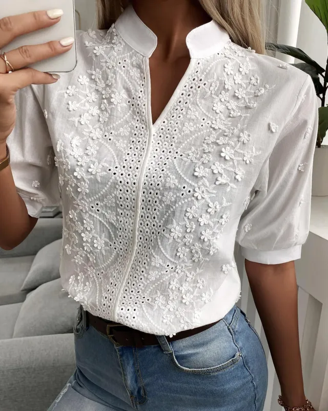 Women’s Elegant Embroidered Eyelet Top White Short Sleeve Blouse sold by Northstyle Fashion