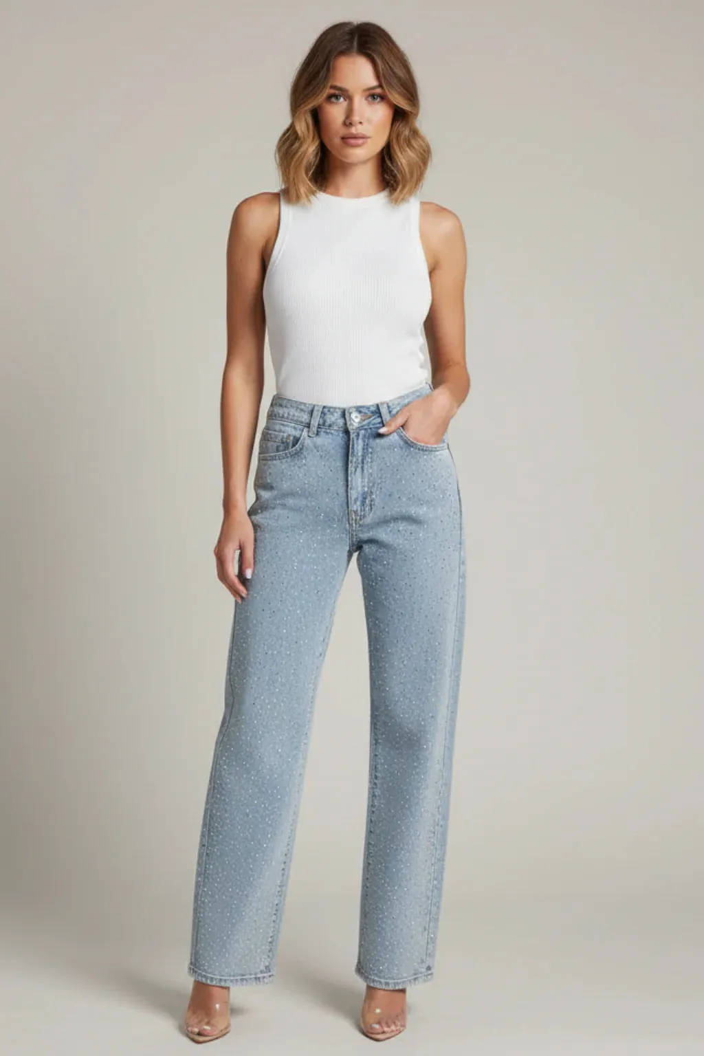 Women’s Sparkling Rhinestone Straight Leg Jeans Trendy Sparkle Denim sold by Northstyle Fashion