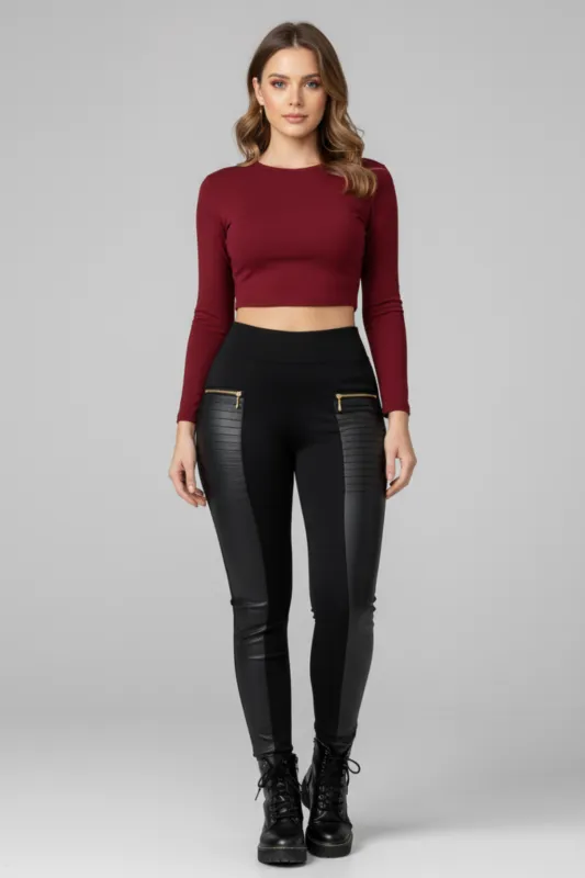 Women’s High Waisted Leather Look Panel Leggings Stretch Slim Fit Pants sold by Northstyle Fashion