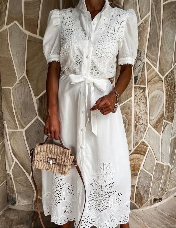 Women’s White Embroidered Midi Dress Vintage Puff Sleeve Style sold by Northstyle Fashion
