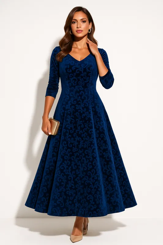 Women’s Velvet Floral Embossed A-Line Midi Dress sold by Northstyle Fashion
