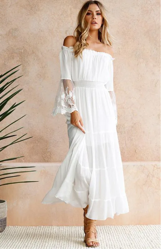 Abbie - Women's Off-Shoulder Maxi Dress with Lace Sleeves and Tiered Skirt made by Northstyle Fashion