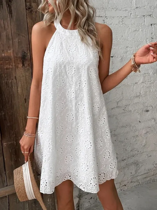 Georgia - Women's Eyelet Mini Dress with Halter Neckline and Floral Pattern made by Northstyle Fashion