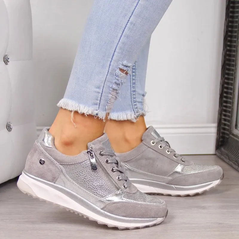 Silver Lace-Up and Zipper Women's Sneakers made by Northstyle Fashion