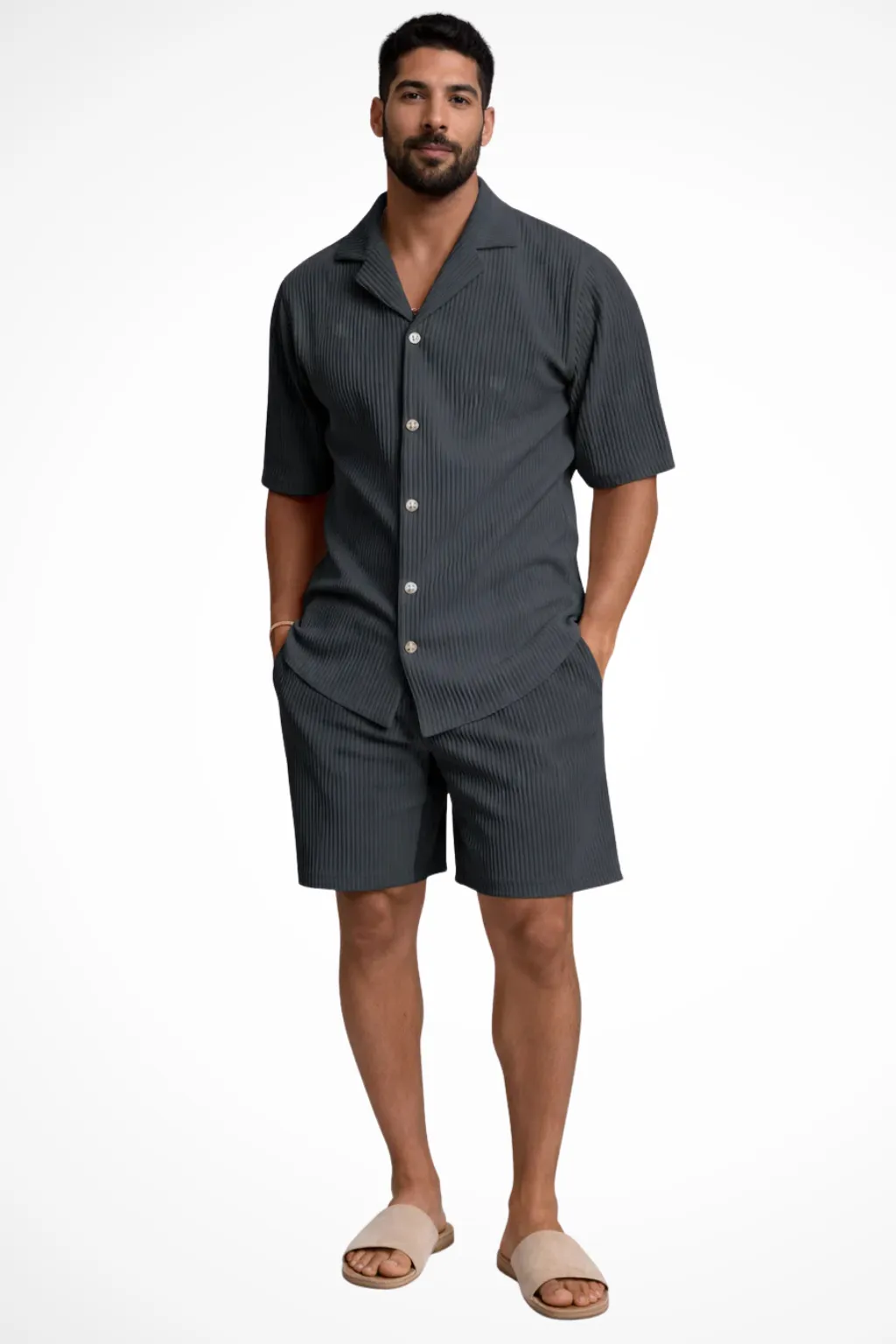 Textured Men’s Short Sleeve Shirt and Shorts Summer Outfit Set sold by Northstyle Fashion product image thumbnail 4
