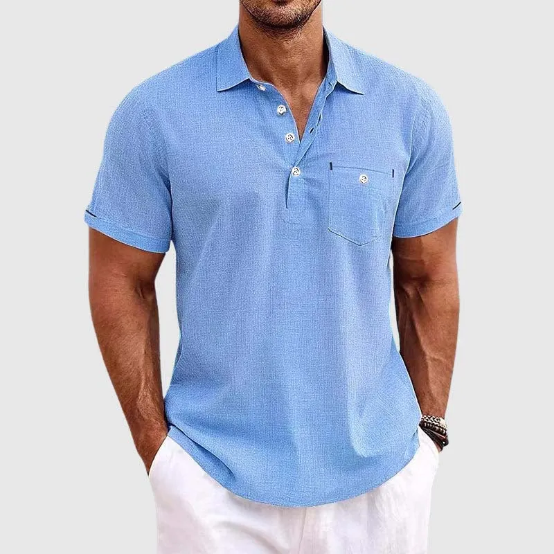 Men's Linen Polo Shirt - Classic Spread Collar and Chest Pocket made by Northstyle Fashion