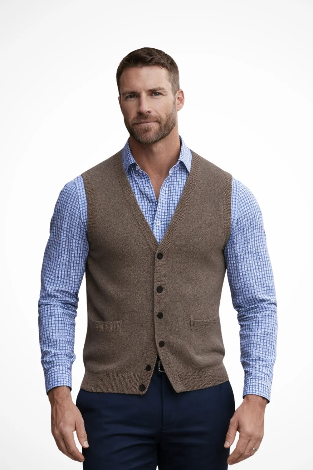 Logan - Men V Neck Button Front Sleeveless Knit Waistcoat Vest with Pockets sold by Northstyle Fashion