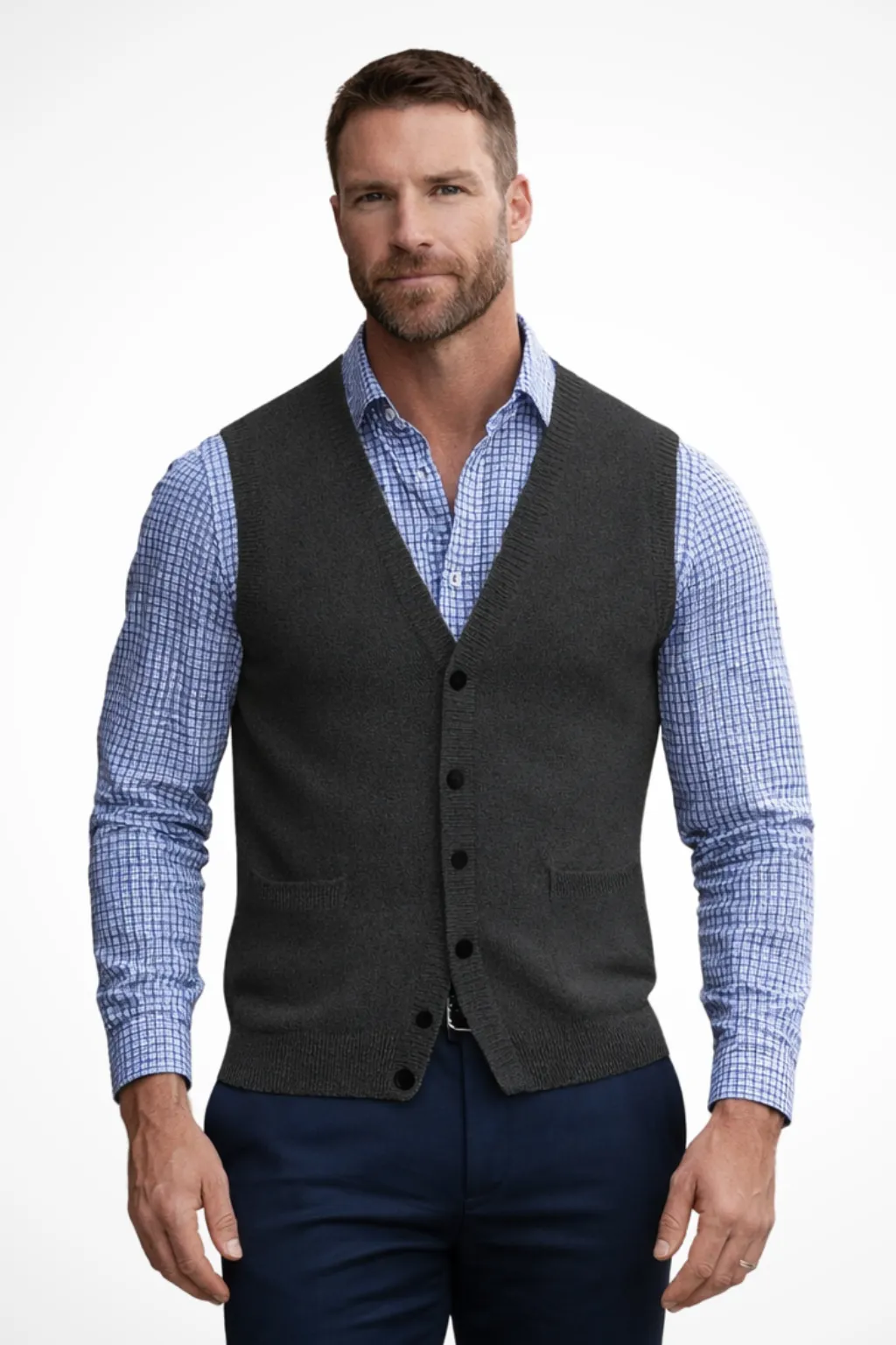Logan - Men V Neck Button Front Sleeveless Knit Waistcoat Vest with Pockets sold by Northstyle Fashion product image thumbnail 2