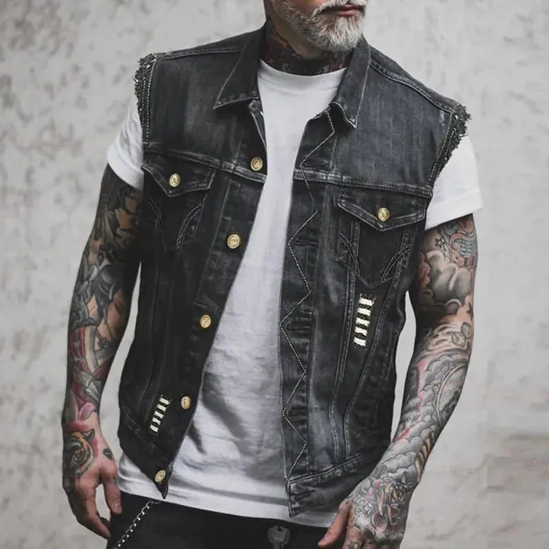 Men's Distressed Denim Vest — Emmett Sleeveless Button-Front made by Northstyle Fashion