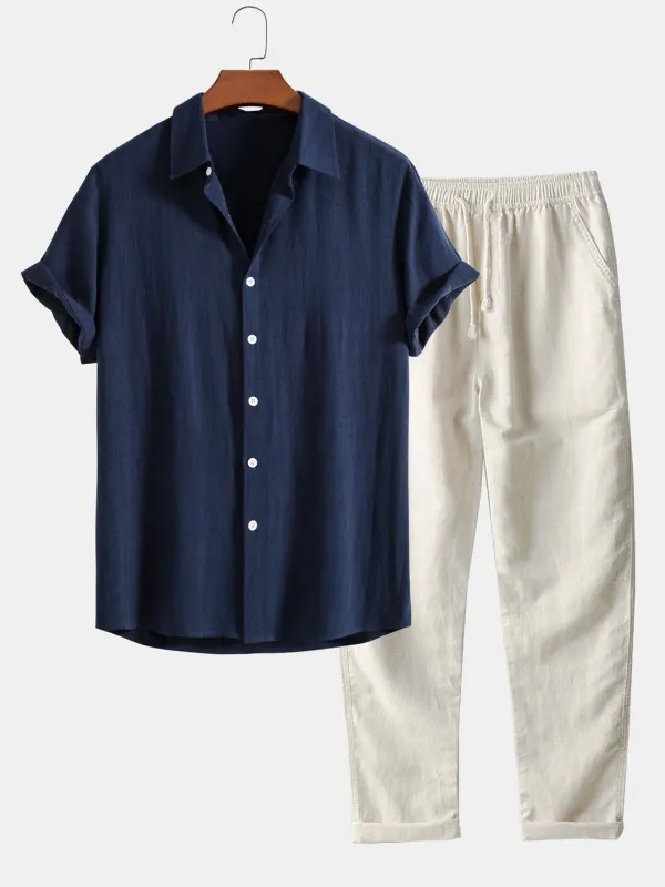 Men's Linen Two Piece Set – Short Sleeve Shirt Drawstring Trousers Summer Casual made by Northstyle Fashion