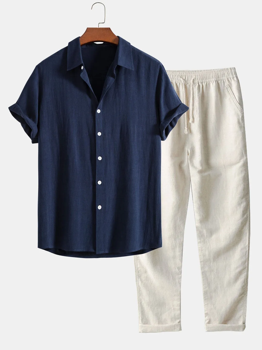 Men's Linen Two Piece Set – Short Sleeve Shirt Drawstring Trousers Summer Casual sold by Northstyle Fashion