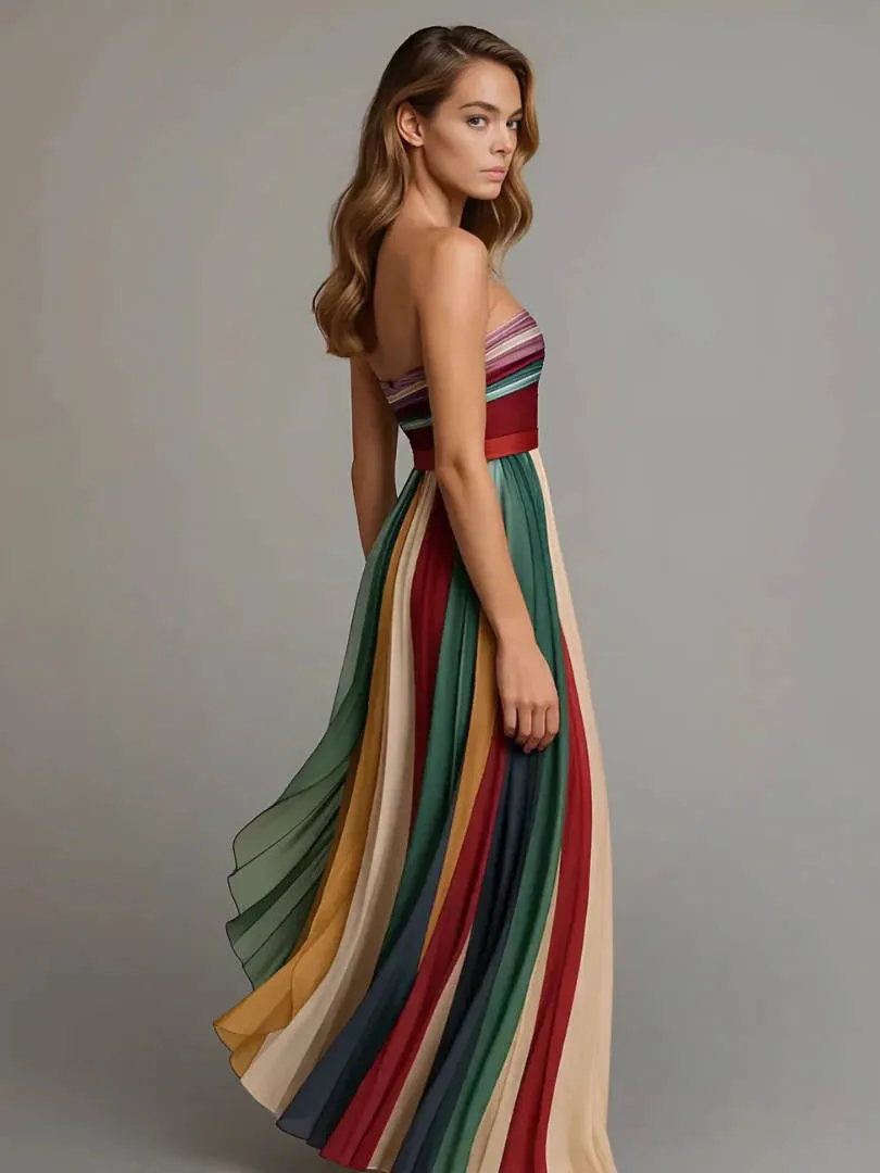 Strapless Maxi Dress with Structured Boning and Pleated Chiffon Skirt, Vertical Stripe sold by Northstyle Fashion product image thumbnail 4
