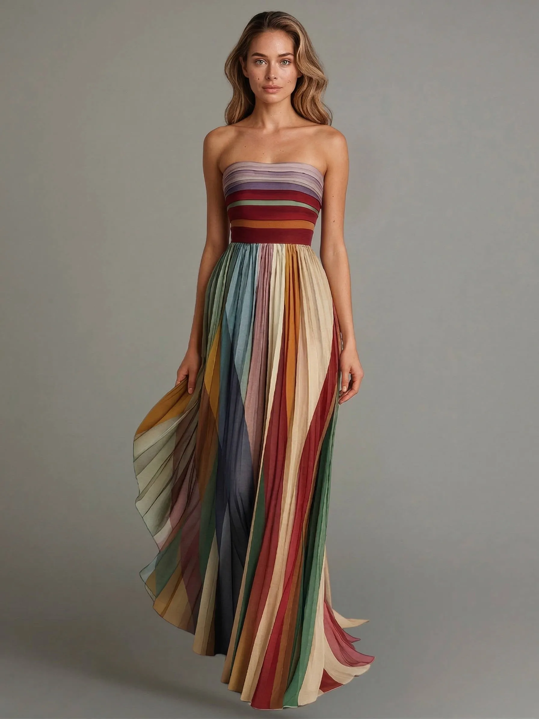 Strapless Maxi Dress with Structured Boning and Pleated Chiffon Skirt, Vertical Stripe sold by Northstyle Fashion