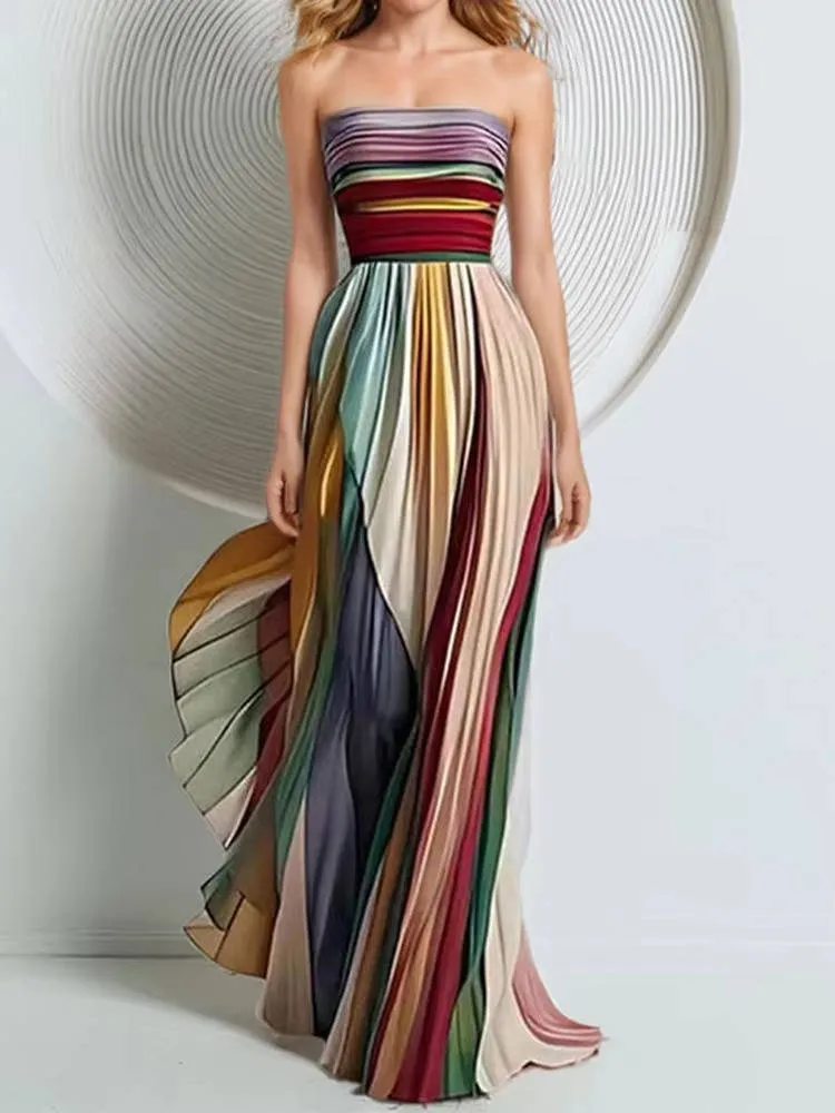 Strapless Maxi Dress with Structured Boning and Pleated Chiffon Skirt, Vertical Stripe sold by Northstyle Fashion product image thumbnail 5
