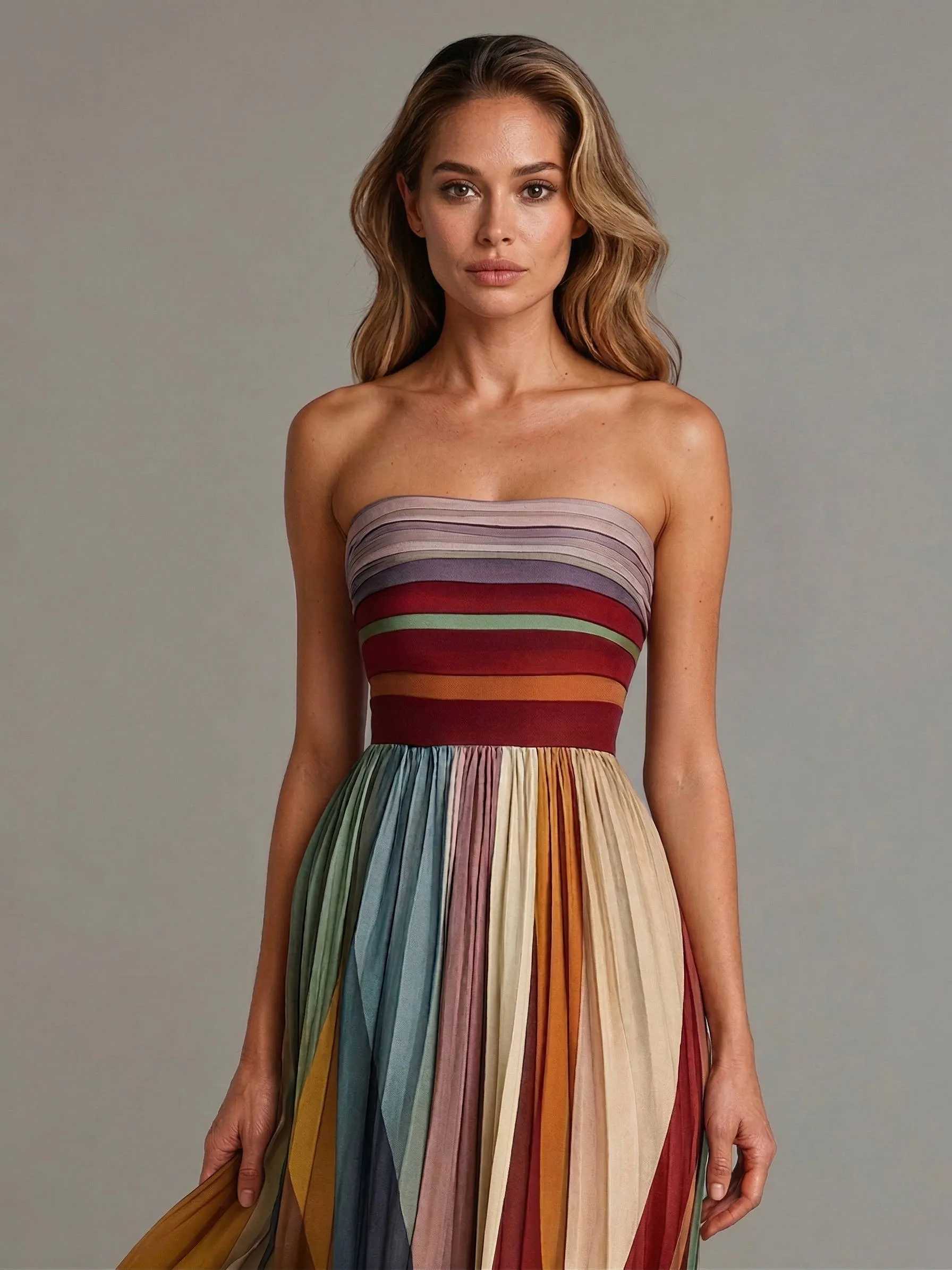 Strapless Maxi Dress with Structured Boning and Pleated Chiffon Skirt, Vertical Stripe sold by Northstyle Fashion product image thumbnail 2