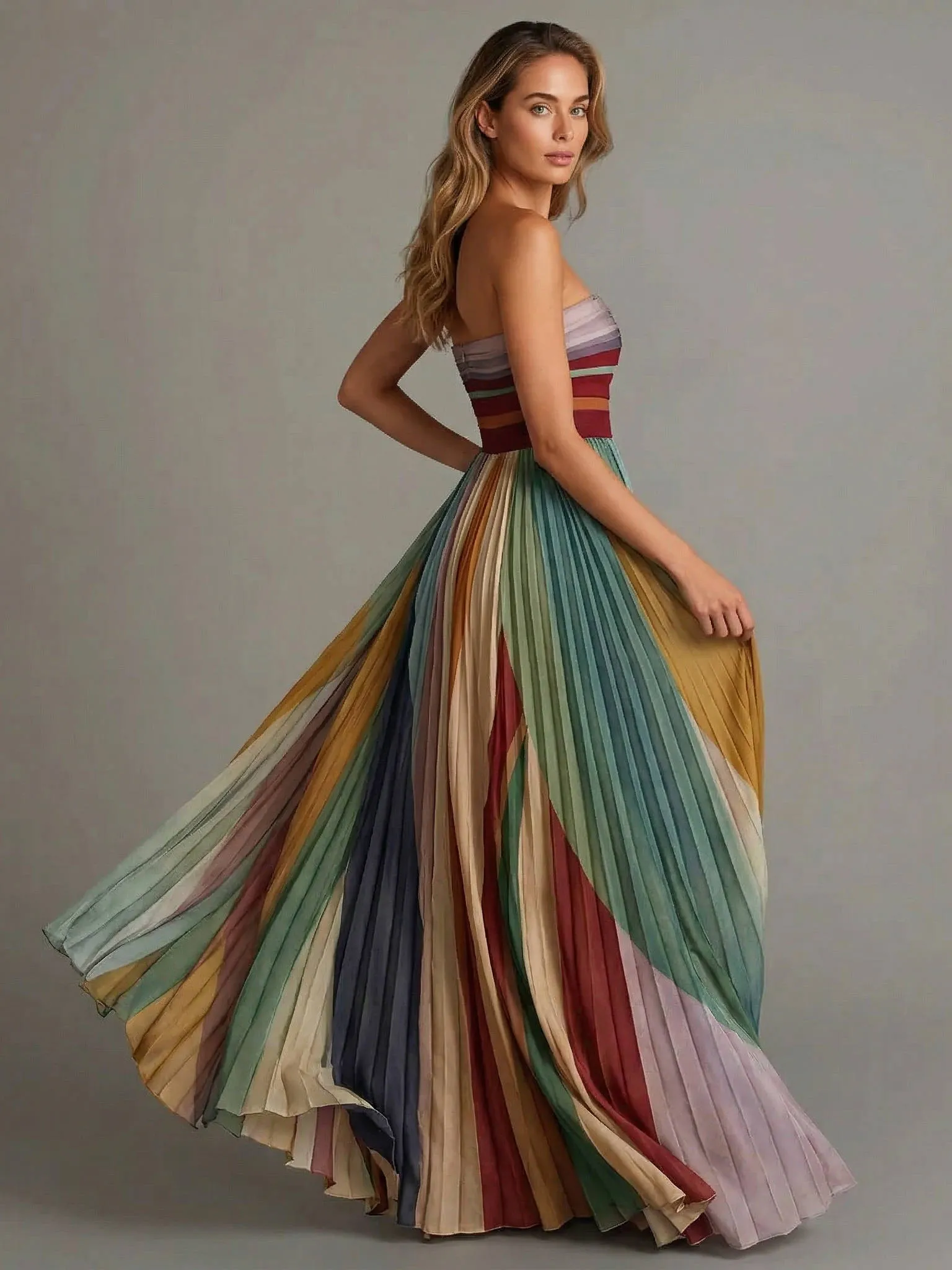 Strapless Maxi Dress with Structured Boning and Pleated Chiffon Skirt, Vertical Stripe sold by Northstyle Fashion product image thumbnail 3