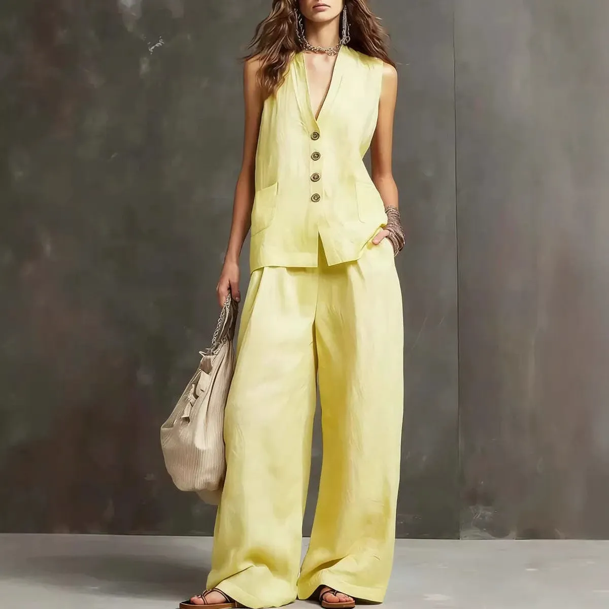 Women's Two-piece cotton and linen set with sleeveless vest and wide-leg trousers sold by Northstyle Fashion product image thumbnail 4