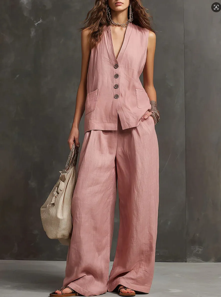 Women's Two-piece cotton and linen set with sleeveless vest and wide-leg trousers sold by Northstyle Fashion