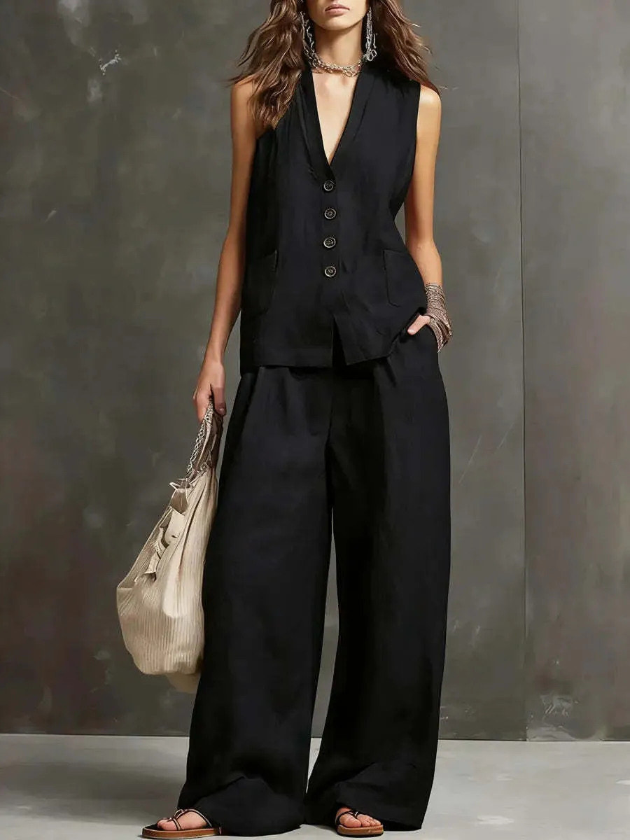 Women's Two-piece cotton and linen set with sleeveless vest and wide-leg trousers sold by Northstyle Fashion product image thumbnail 2