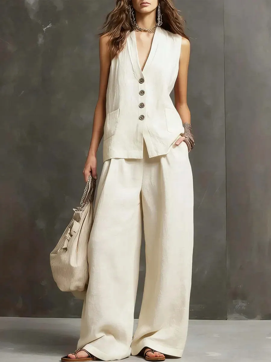 Women's Two-piece cotton and linen set with sleeveless vest and wide-leg trousers sold by Northstyle Fashion product image thumbnail 3