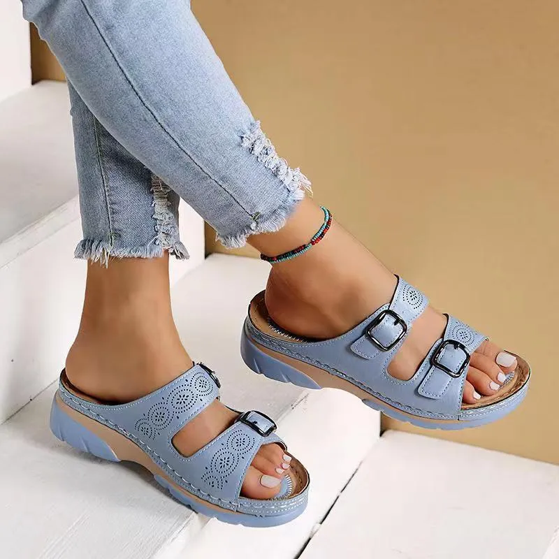 Women's Double Buckle Comfort Open Toe Slip-On Sandals made by NorthStyle