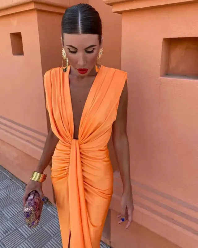 Women's Deep V-Neck Draped Midi Dress with Structured Shoulder made by Northstyle Fashion