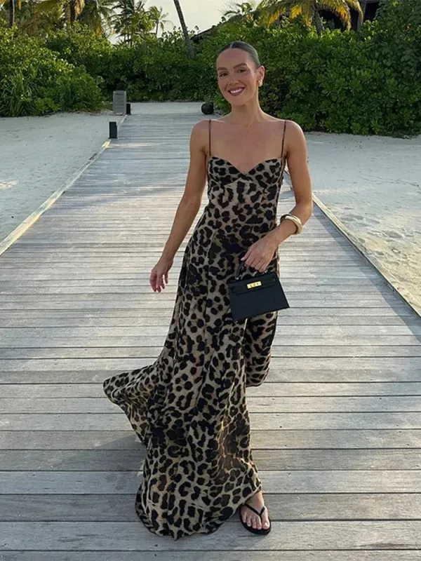 Women's Leopard Print Maxi Dress with Thin Straps made by Northstyle Fashion