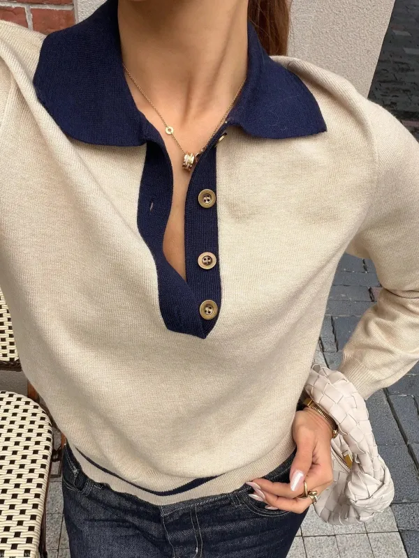 Women's Colour Block Knit Polo Top with Button Placket made by Northstyle Fashion