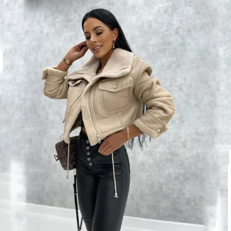 Women's Cropped Biker Jacket with Flap Pockets made by Northstyle Fashion